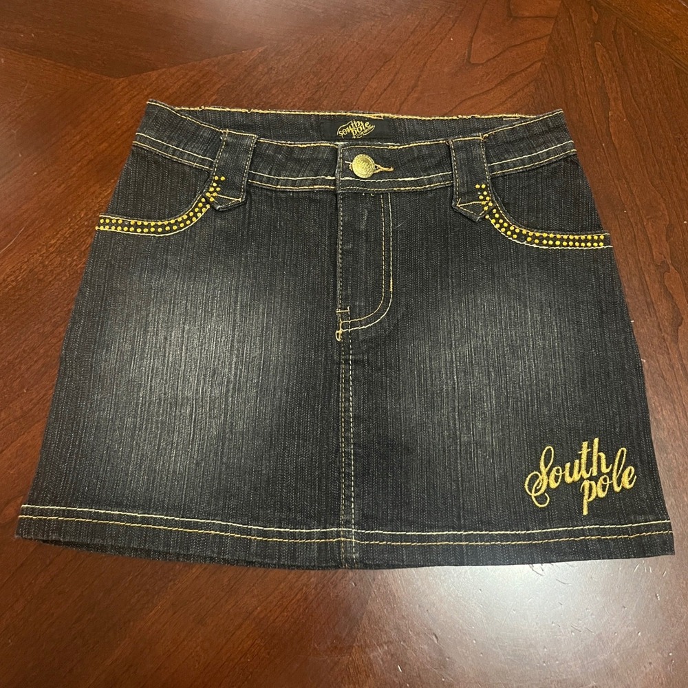 Southpole Girls Denim Mini Skirt Dark Wash Yellow Studded Y2K Size 8 Regular EUC